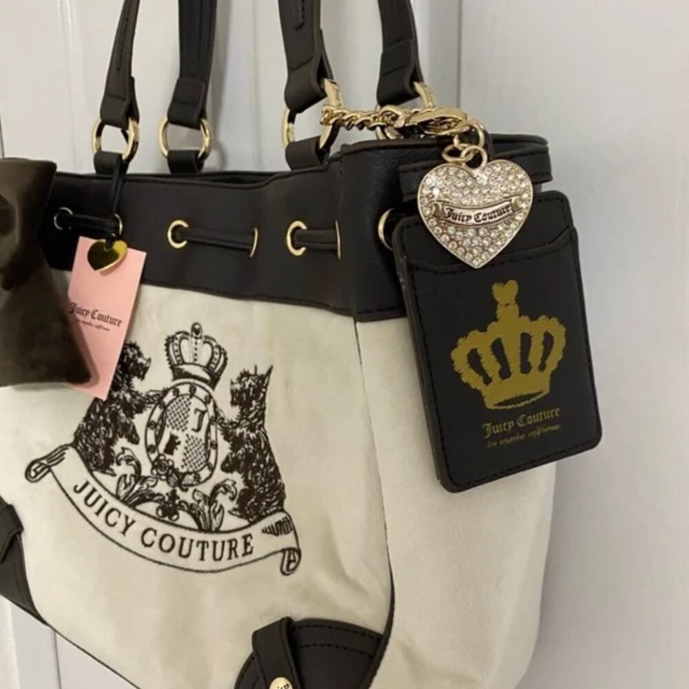 Juicy Couture Classic Scottie Dogs Tote Cream White & Chocolate Brown Bow NWT - Picture 2 of 6